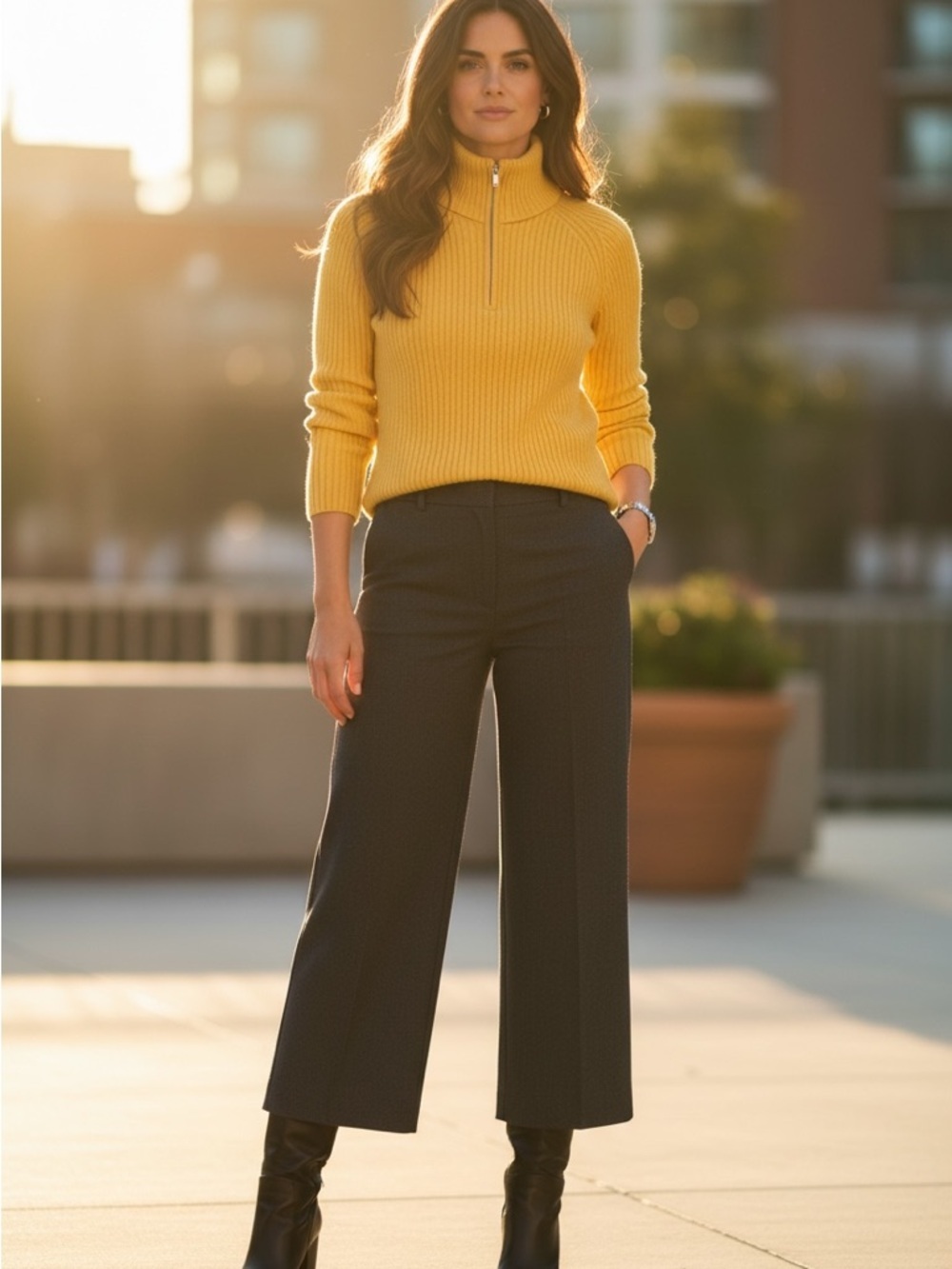 Tommy Hilfiger Yellow Ribbed Half Zip Turtleneck Sweater Cozy Knit 100% cotton